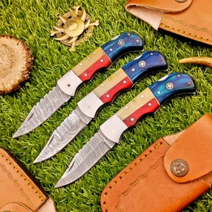 LOT OF 3 PCS! Handmade Damascus Pocket Knives – Folding Knives, W/Sheath IT-591 - Picture 1 of 12