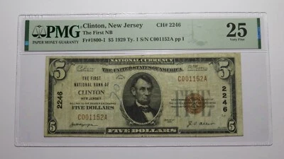 $5 1929 Clinton New Jersey NJ National Currency Bank Note Bill Ch. #2246 VF25 - Image 1 of 4