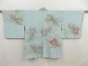 5218T04z620 Vintage Japanese Kimono Silk HAORI Peacock feather Light blue - Picture 1 of 8