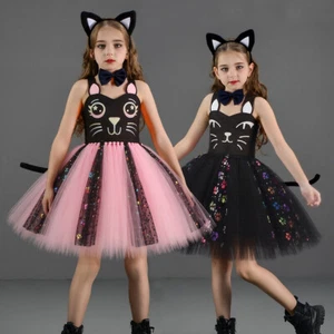 Costume cosplay gatto nero bambina 2025 Halloween festa tutù vestito + fascia testa vestito - Foto 1 di 18