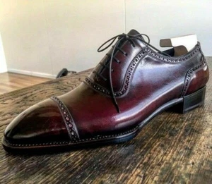 Wine Cap Toe Oxford Italian Leather Shoe Handmade Shoe Formal Shoe For Men - Picture 1 of 7