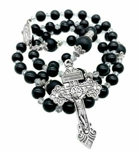 St Benedict Black Hematite Rosary 18" Necklace Crucifix beads prayer Jerusalem - Picture 1 of 8