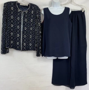 VTG Scala 3 Pc Evening Outfit Silk Bead Sequin Jacket Sleeveless Top Pants Sz L - Picture 1 of 12