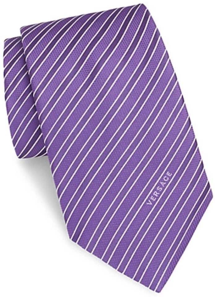 Corbata de seda italiana a rayas limpias púrpura de la colección Versace de 3" de ancho hecha en Italia Foto 1 de 1