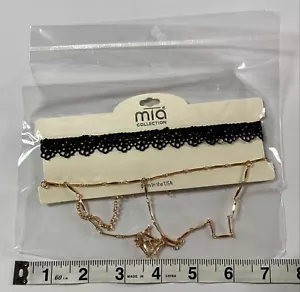 Mia Collection 2 pc Chocker Set Black Lace & Gold Toned Y Dangle Necklaces New - Picture 1 of 9