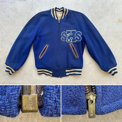 Chaqueta Letterman Universitaria de Lana Conmar Años 50 De Colección Cremallera Frontal Años 50 Azul EE. UU. Foto 1 de 4