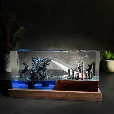 Lámpara de resina epoxi cristal Godzilla de alta clase - Destruyendo la ciudad, hecha a mano Foto 1 de 4