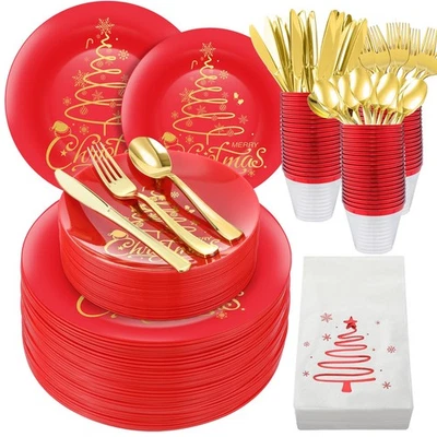Рождественский пластиковый набор столовой посуды 210 шт., рождественские одноразовые тарелки включают 30 D... - Изображение 1 из 4