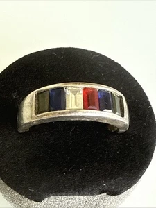 Anello argento sterling fascia pietra rossa bianca blu gioielli vintage 925 misura 11,5 - Foto 1 di 6