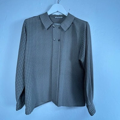 Blusa vintage Jaeger para mujer manga larga abotonada beige azul estampado geométrico 36 Foto 1 de 4