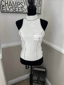 NWT Pilcro Anthropology Nautical Mock Neck Knit Tank Ivory Navy Logo Raw Edge S - Picture 1 of 12