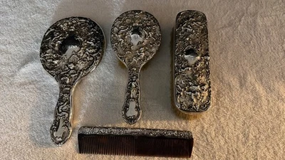 古董 Gorham Edwardian 古典纯银 4 件套刷子和镜子套装 1903 — 第 1/4 张图片