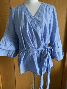 Beach Lunch Lounge Blue White Wrap Side Tie Ruffle Blouse Shirt Top Large L EUC - Imagen 1 de 4