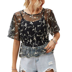 Female Floral Embroidery Round Neck Short Sleeve See-Through Blouse