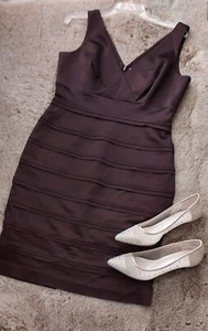 Calvin Klein Sz 12 Brown Chocolate Satin Formal Sheath Dress Pin-tuck - Picture 1 of 5
