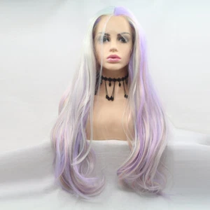 Light Purple Mixed White Long Wavy Lace Front Synthetic Hair Wig Glueless Women - Picture 1 of 7