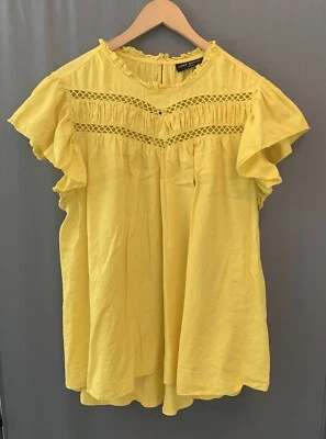 Top de lino manga acampanada Lane Bryant talla 22 amarillo con volantes plisado ganchillo hada Foto 1 de 4