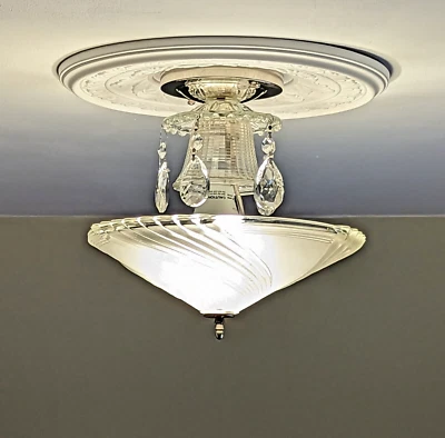 226 Vintage Antique Art Deco Shade Ceiling Light Fixture Chandelier 1930's -40's - Image 1 of 4