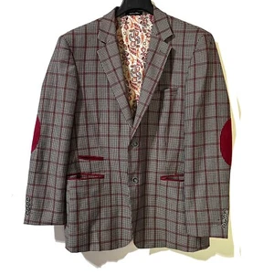 Inserch Mens Sport Coat Size L Large Elbow Patches Plaid Blazer Paisley Lining - Picture 1 of 11