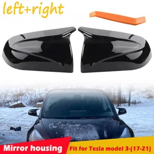 For 2017-21 2022 Tesla Model 3 Gloss Black ABS Horn Rearview Mirror Cap Covers , - Picture 1 of 8
