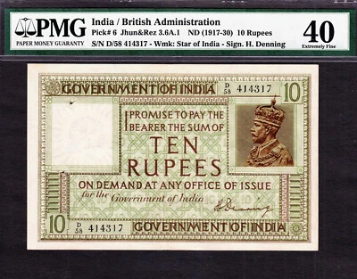 British India 10 Rupees (1917-30) Sign Denning Pick-6 Extremely Fine PMG 40 - Image 1 of 2