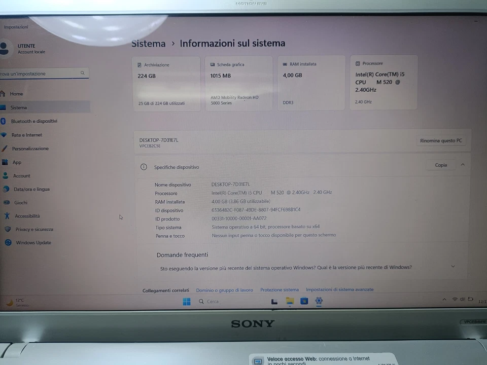 PC portatile Sony pcg-71211m Intel i5 - Immagine 1 di 4