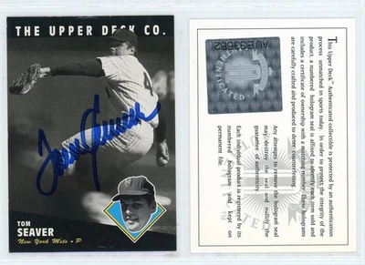 Tarjeta autografiada de béisbol Tom Seaver 1995 cubierta superior #180 con certificado de autenticidad UDA Foto 1 de 2