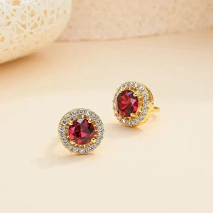 Atemberaubender Ohrstecker 2 kt Rundschliff simulierter Granat 14 kt Gelbgold plattiert - Bild 1 von 6