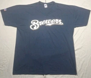 T-shirt baseball vintage Y2k Russell Athletic Nublend Milwaukee Brewers scollo a V XL - Foto 1 di 9