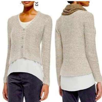 Cárdigan Suéter Pequeño Alpaca Neutro Eileen Fisher Tejido Tostado Botón Manga Larga Foto 1 de 4