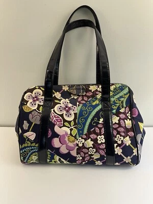 Vera Bradley Floral Nightingale Small Frame Satchel Bag Purse Navy Patent - Image 1 of 4