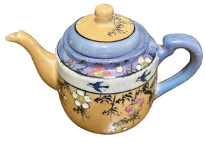 Vintage Japanische Glanzgeschirr Teekanne Handbemalt Vögel Blumen Blau - Bild 1 von 1