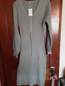 Maglione donna midi Deep Self verde chiaro abito scollo a V manica lunga con spacco L - Foto 1 di 7