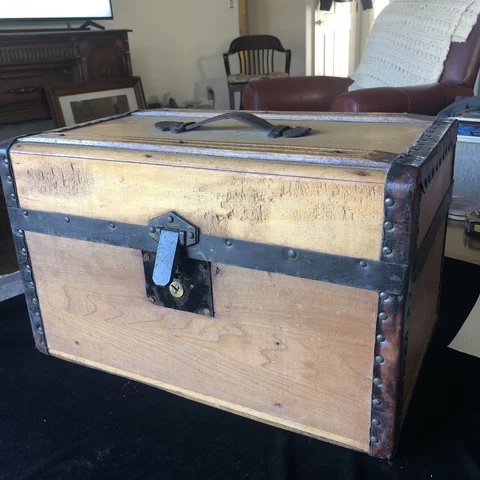 Vintage Leather Metal Wood Treasure Chest Storage Restored M. C. Lilly Co. 18” Cover