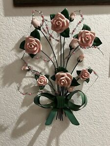 Vintage Pink Bouquet of Roses W/Bow Wall Hanging Porcelain, Resin & Metal