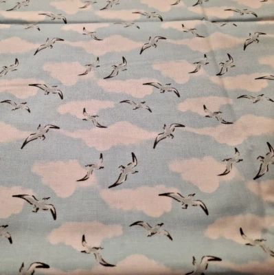 1 1/2 Yd 'Beachy Keen' #2581 Flying Sea Gulls Clouds Blue Cotton Fabric - Image 1 of 3