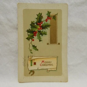 POSTCARD EMBOSSED ''MERRY CHRISTMAS'' HOLLY & HORSESHOE - Picture 1 of 2