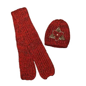 Set of 2 Girls Teens Red/ Gold Beaded Floral Winter Knit Scarf/Beanie Hat Set - Picture 1 of 6