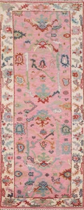 Pink Hand-knotted Oushak Oriental Runner Rug 2' 6" x 7' 10" Floral Wool Carpet - Picture 1 of 19