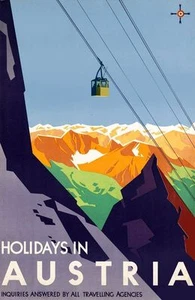 Vintage Illustrated Travel Poster CANVAS PRINT Austria Skiing cable car 24"X18" - Picture 1 of 1