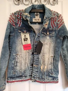 Industrial Indigo Unisex American Rockstar Denim Jacket Rhinestones Distressed - Picture 1 of 24