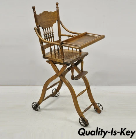 Antique Oak Convertible Pressed Back Victorian High Chair Baby Stroller Cover