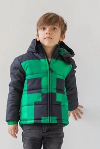 Minecraft Little Boys' Creeper Face Boys Sz 5 Zip-Up Hooded Puffer Jacket - Picture 1 of 7