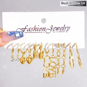 Women Fashion Jewellery Gift Set Gold Hoop Earrings 6 Pairs Pack Ladies Girls UK - Picture 1 of 1