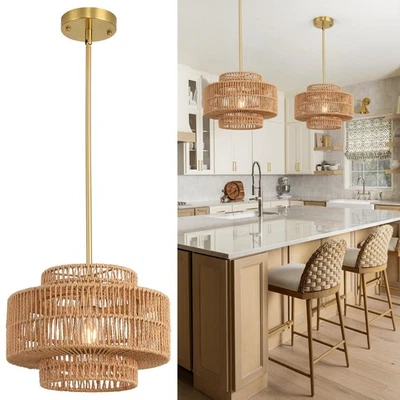 "Lámpara de araña de ratán boho de 12,4"" para comedor, luz colgante tejida a mano de 1 luz... Foto 1 de 4