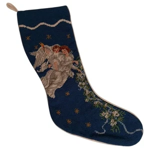 Vintage Needlepoint Angels Cherub Christmas Stocking Blue 21" - Picture 1 of 11