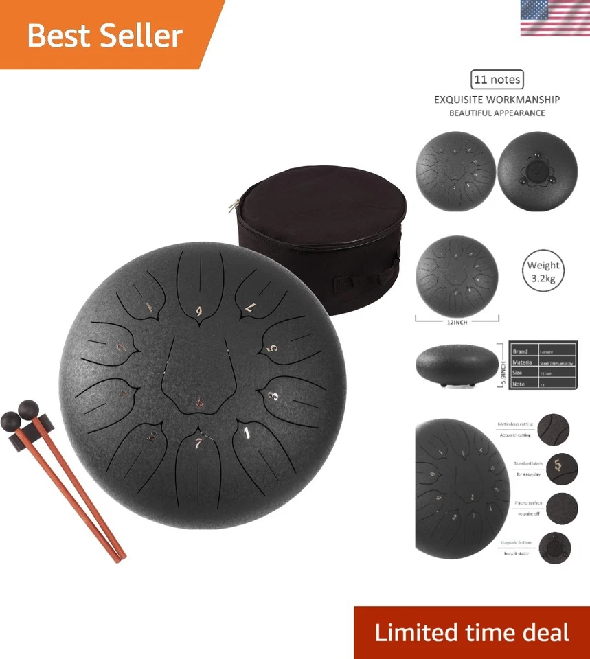 Steel Tongue Drum 11 Notes 12 Inch Percussion Instrument Handpan Drum Set Black