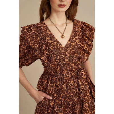 Christy Lynn Stephanie Wrap Top Brown Linen Ruffled Tie Belt Short Sleeve Sz M - Image 1 of 4