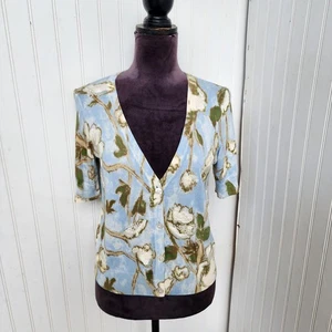 Cardigan maglione Talbots donna Petites floreale perline manica corta blu bianco PS - Foto 1 di 13