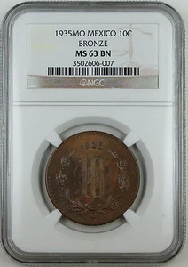 1935 MO Mexico 10 Centavos Bronze, NGC MS-63 BN - Picture 1 of 2